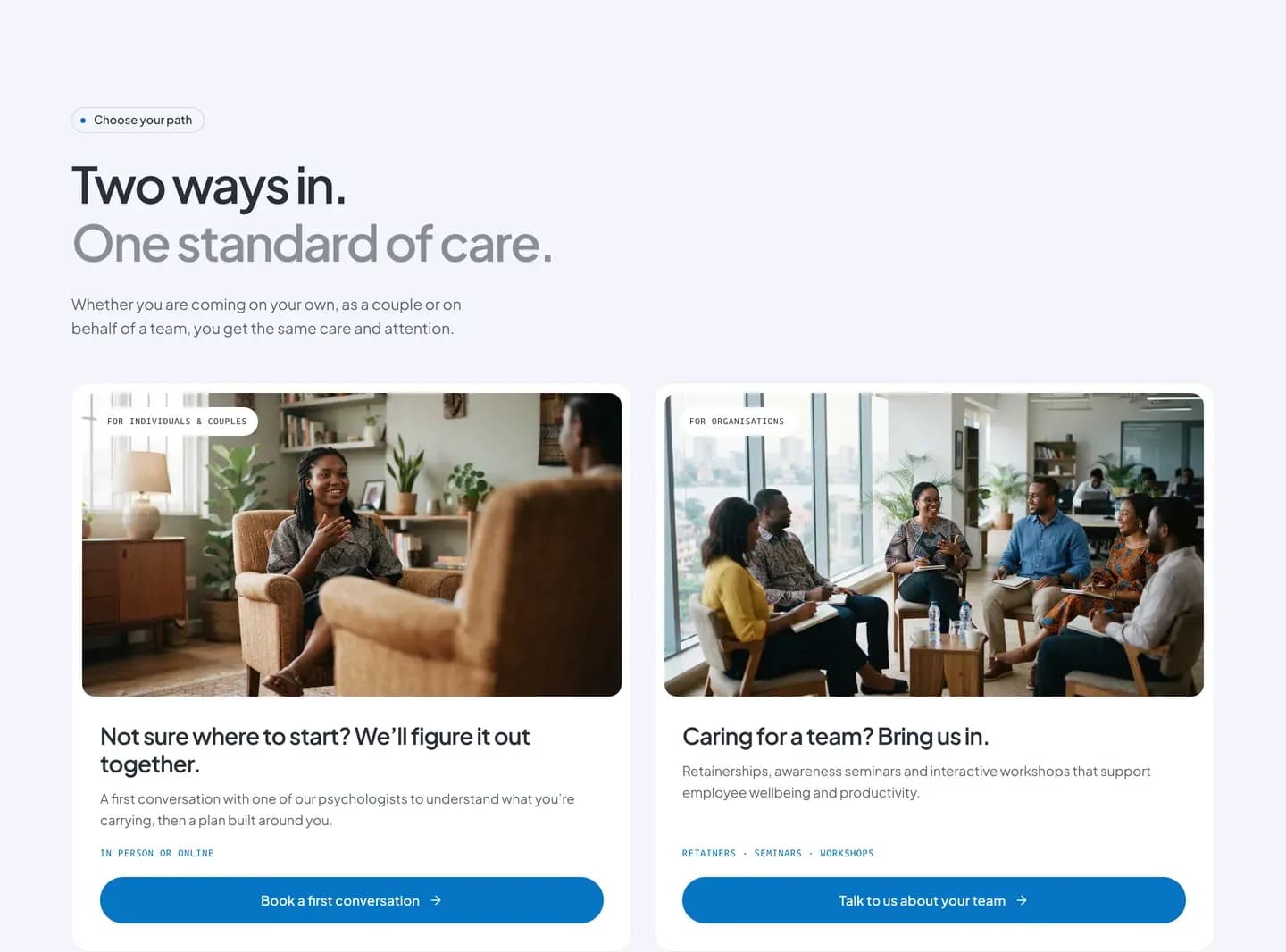 FGD website: two ways in, for individuals and for organisations