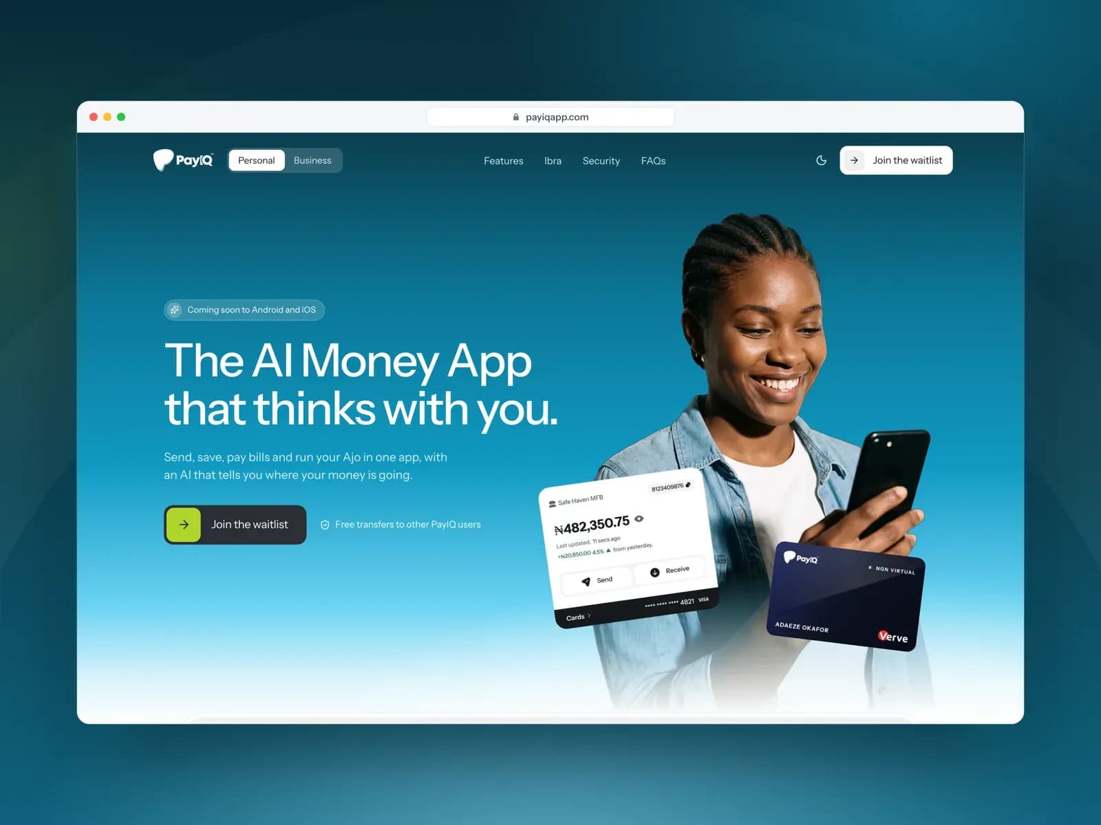 The PayIQ website hero: The AI Money App that thinks with you
