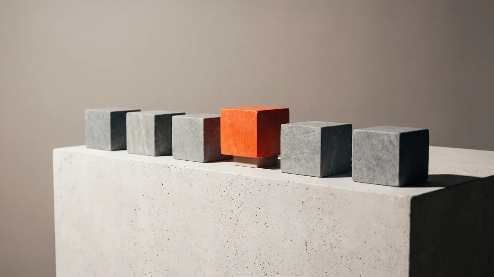 A row of grey stone cubes with one orange cube among them