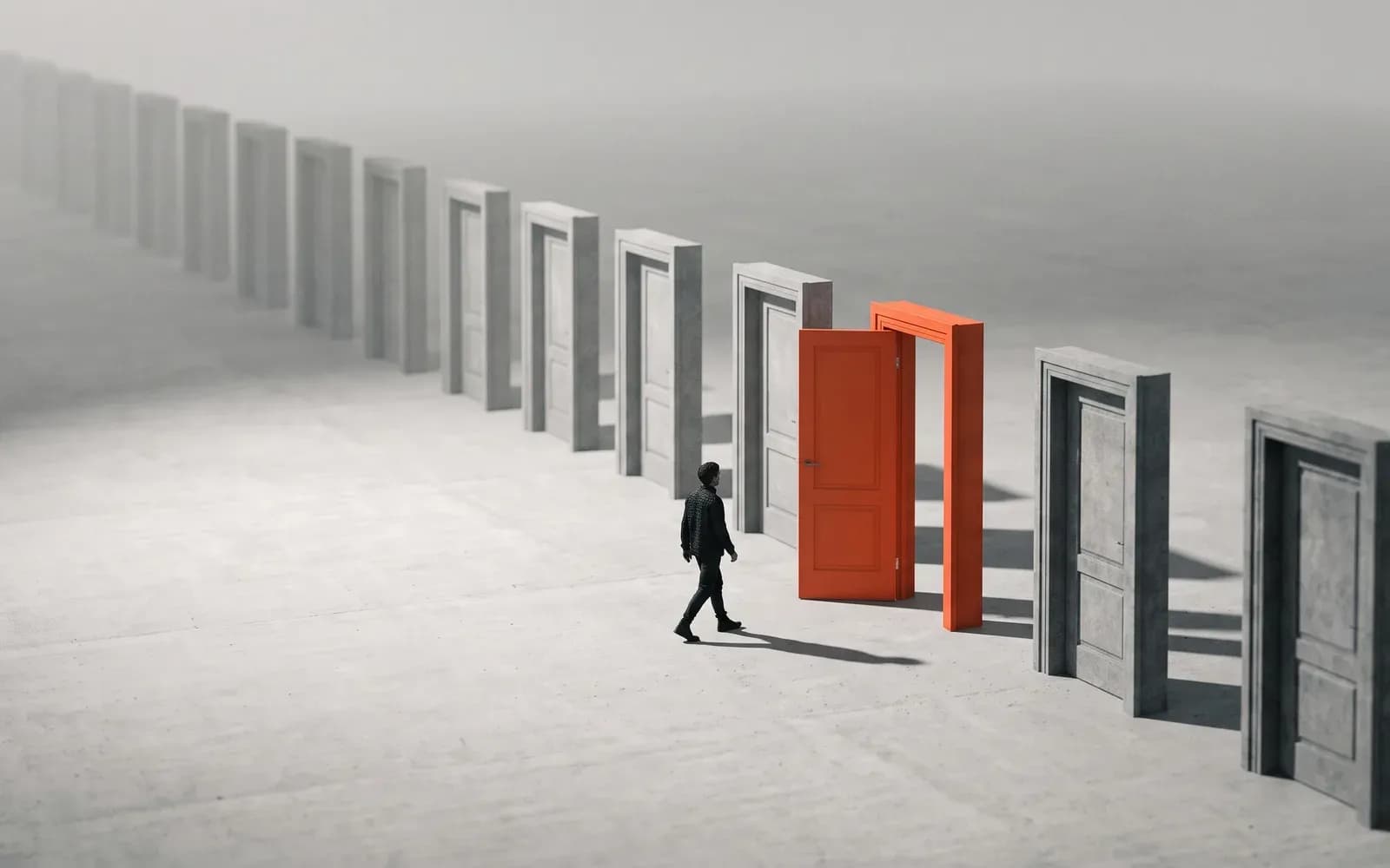 A figure walking towards the one orange door in a long row of grey doorways