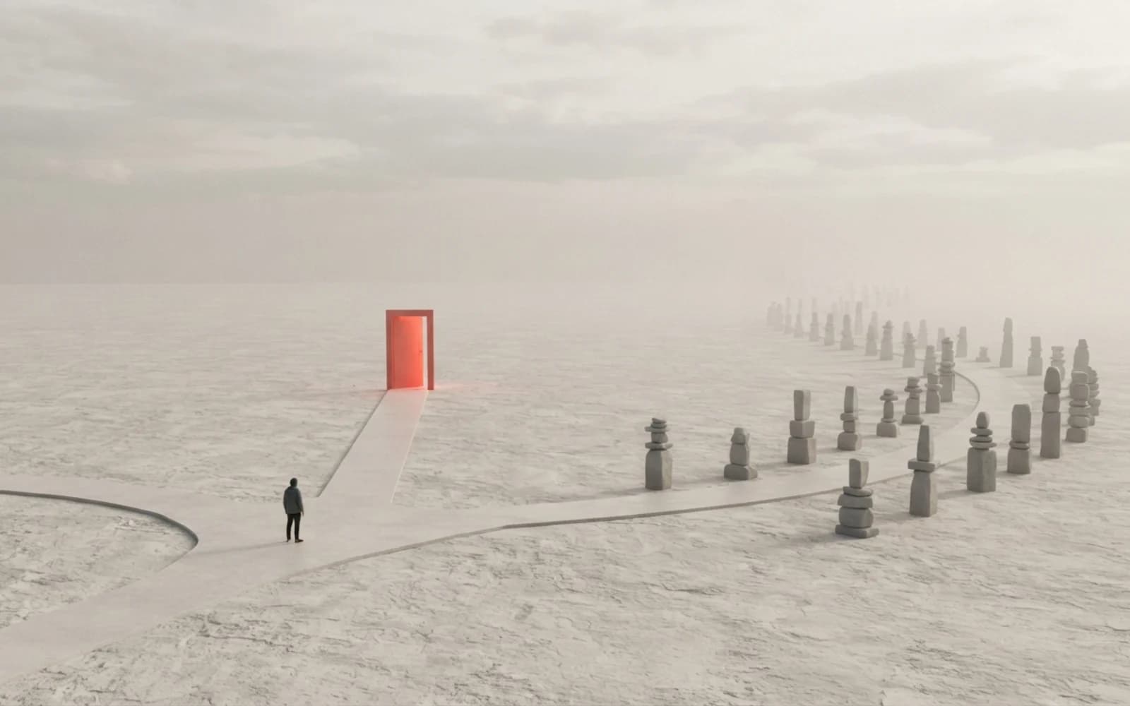 A person standing at a fork between a short path to an orange door and a long path lined with grey blocks