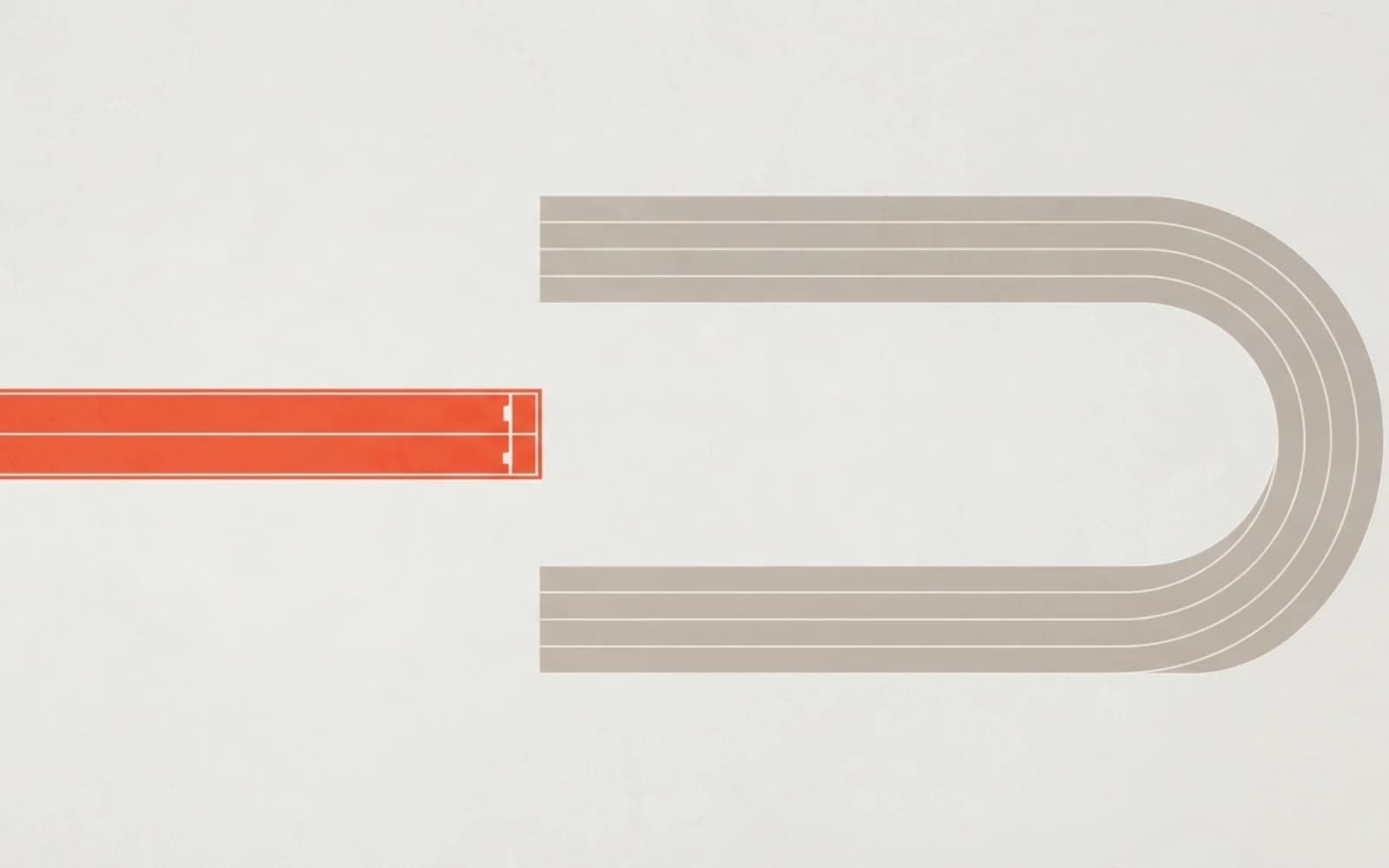 A short orange running lane next to a long grey looping track