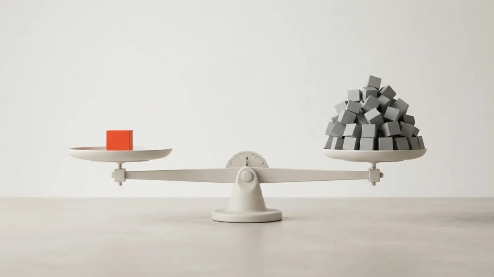 A balance scale with one orange cube level with a pile of grey cubes
