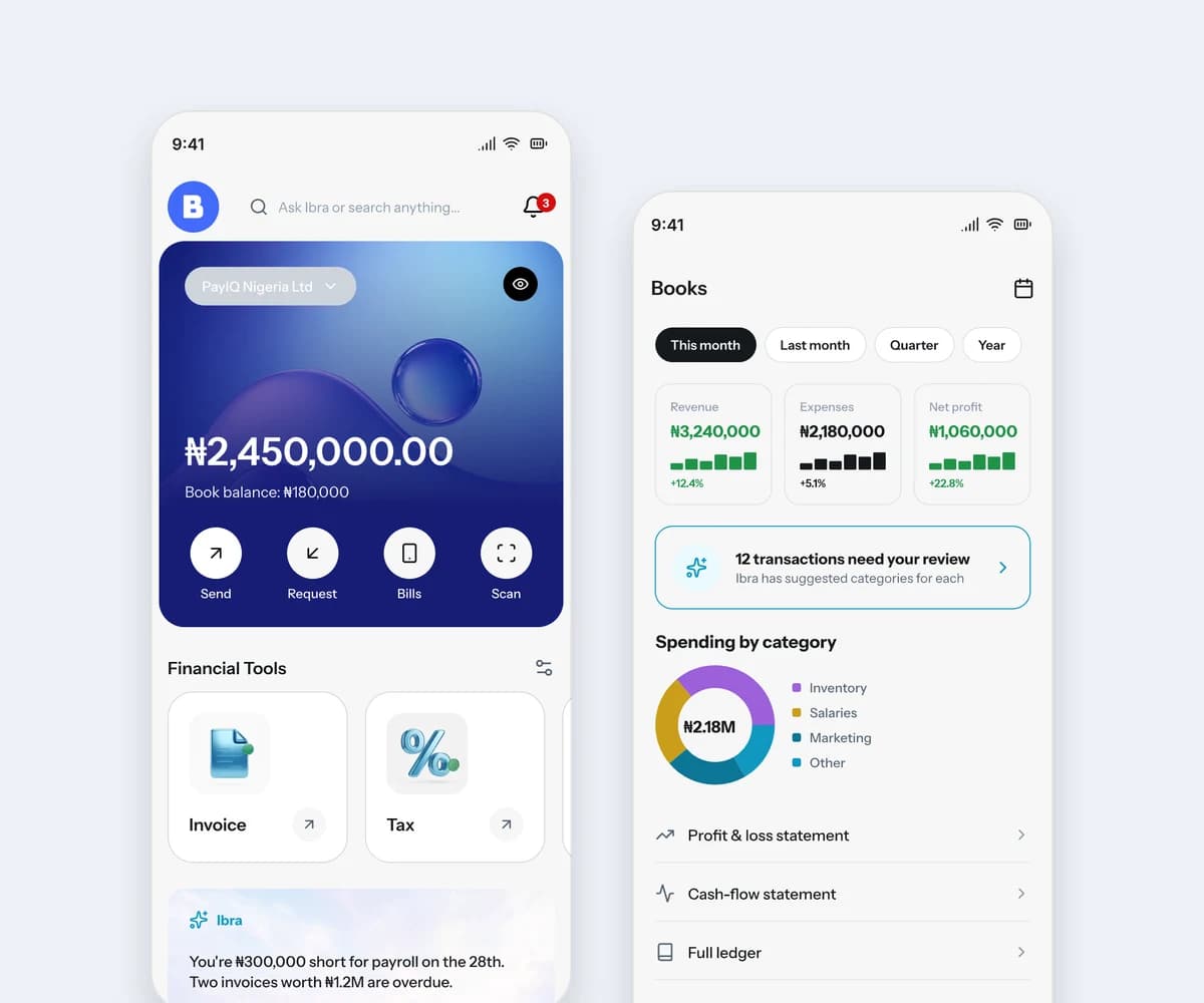 PayIQ Business home screen and books overview