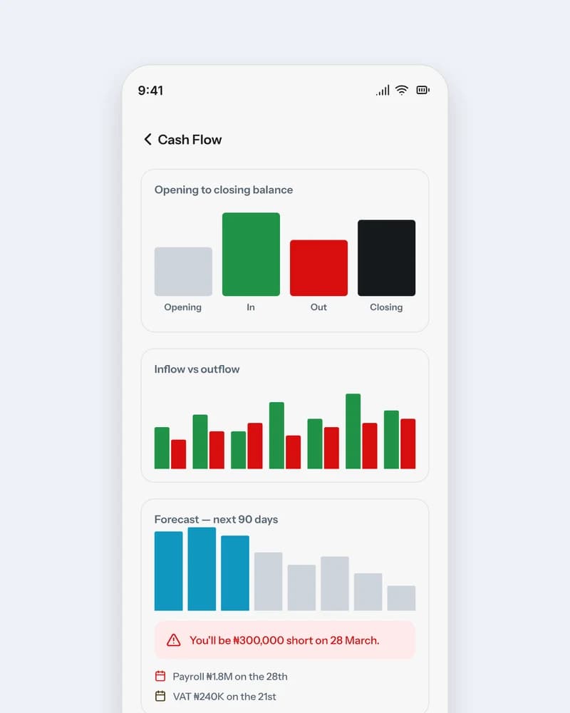 PayIQ cash-flow statement and 90-day forecast