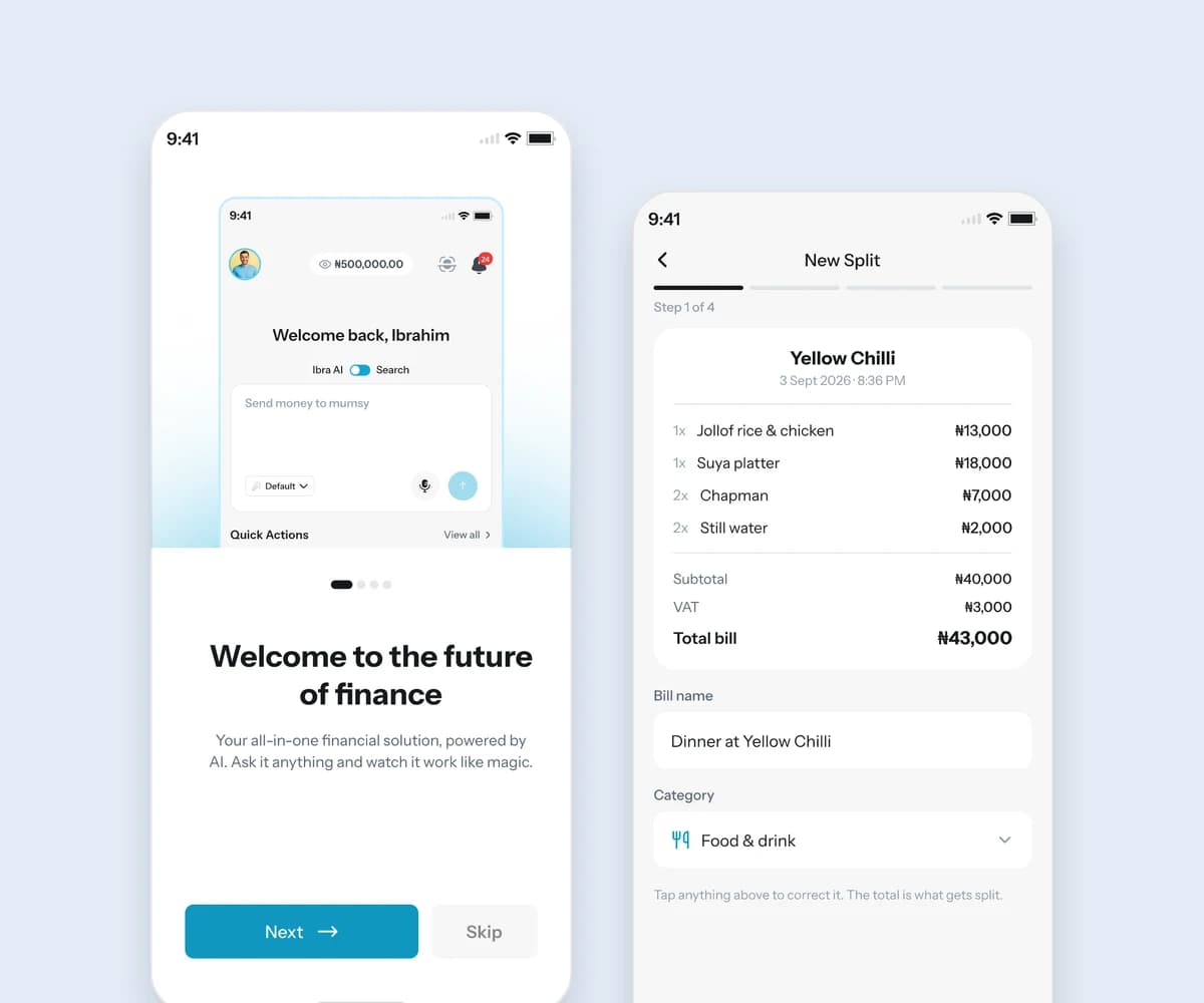 PayIQ consumer app: welcome screen and split bill flow