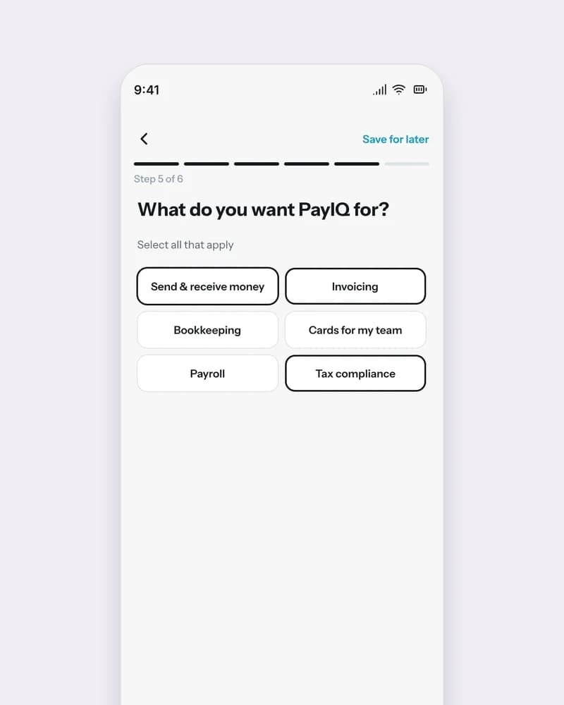 PayIQ Business onboarding: choosing what the account is for