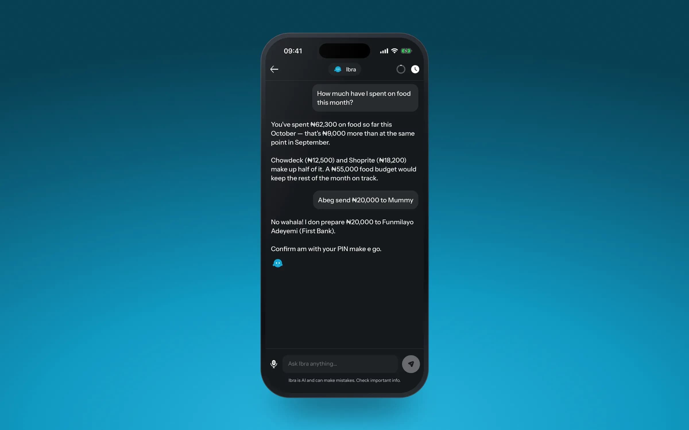 An Ibra conversation in English and Pidgin on the PayIQ app, dark mode