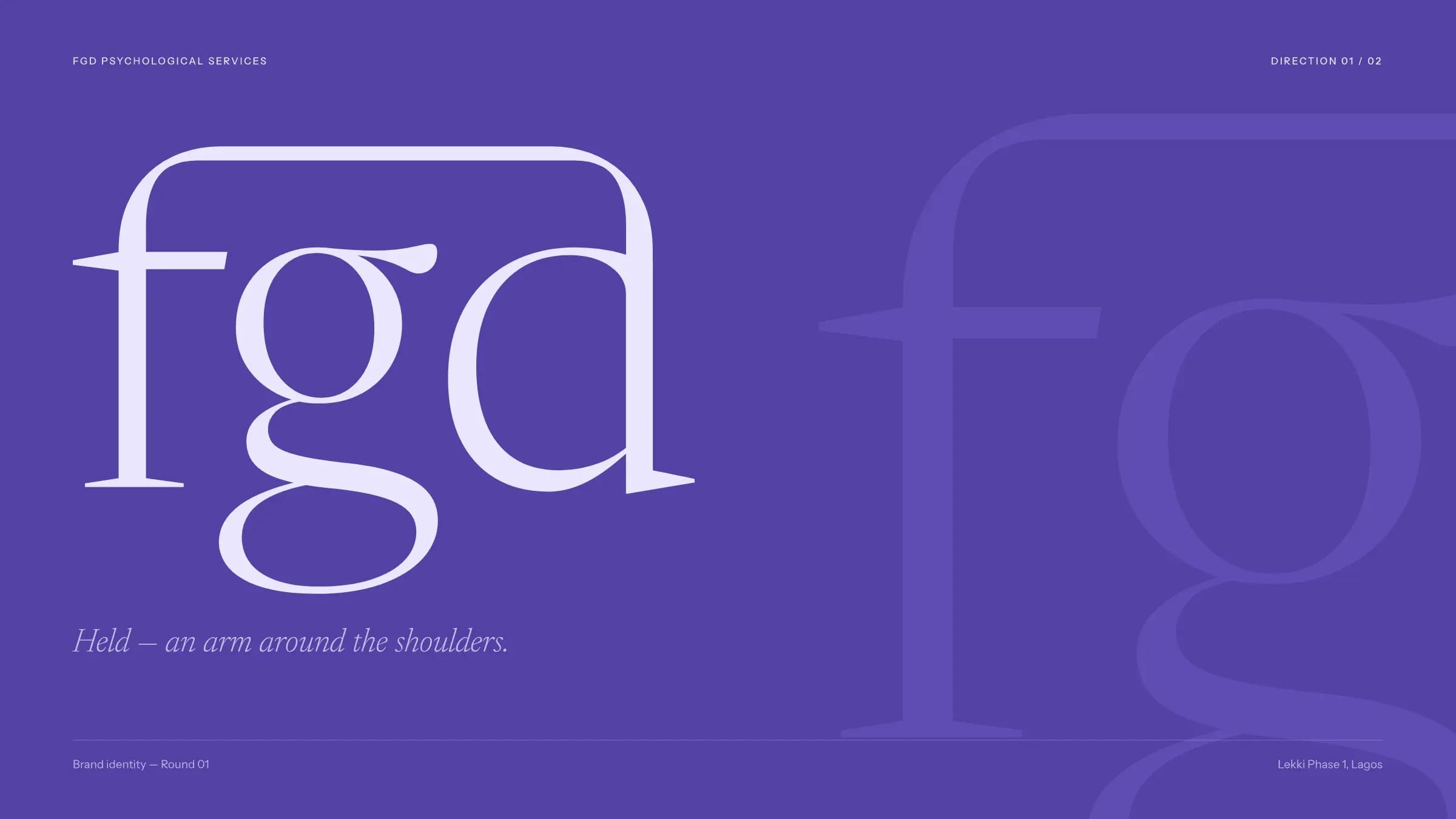 Direction 01, Held: an editorial serif wordmark where the f reaches over to the d