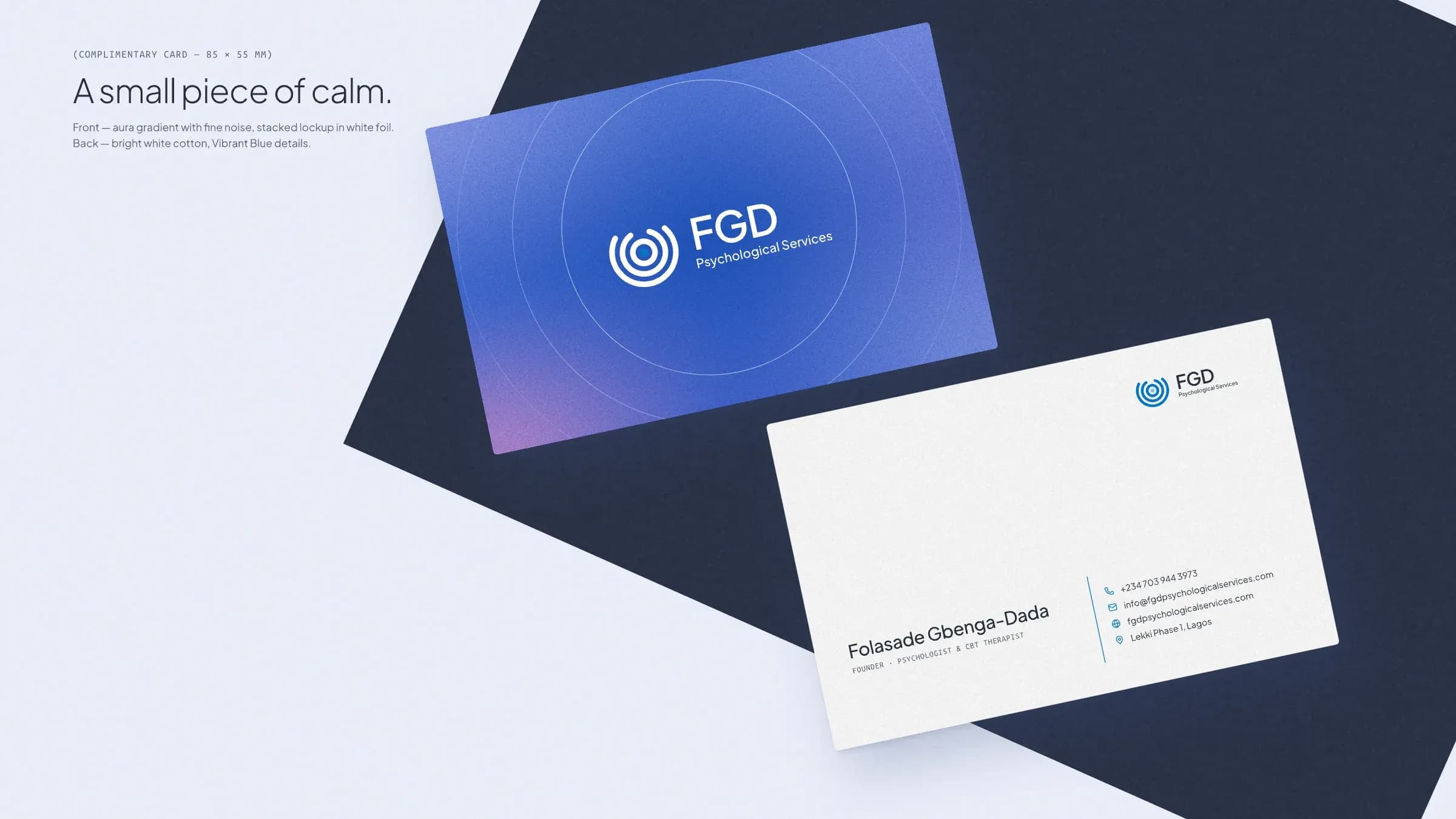 The FGD complimentary card, front and back