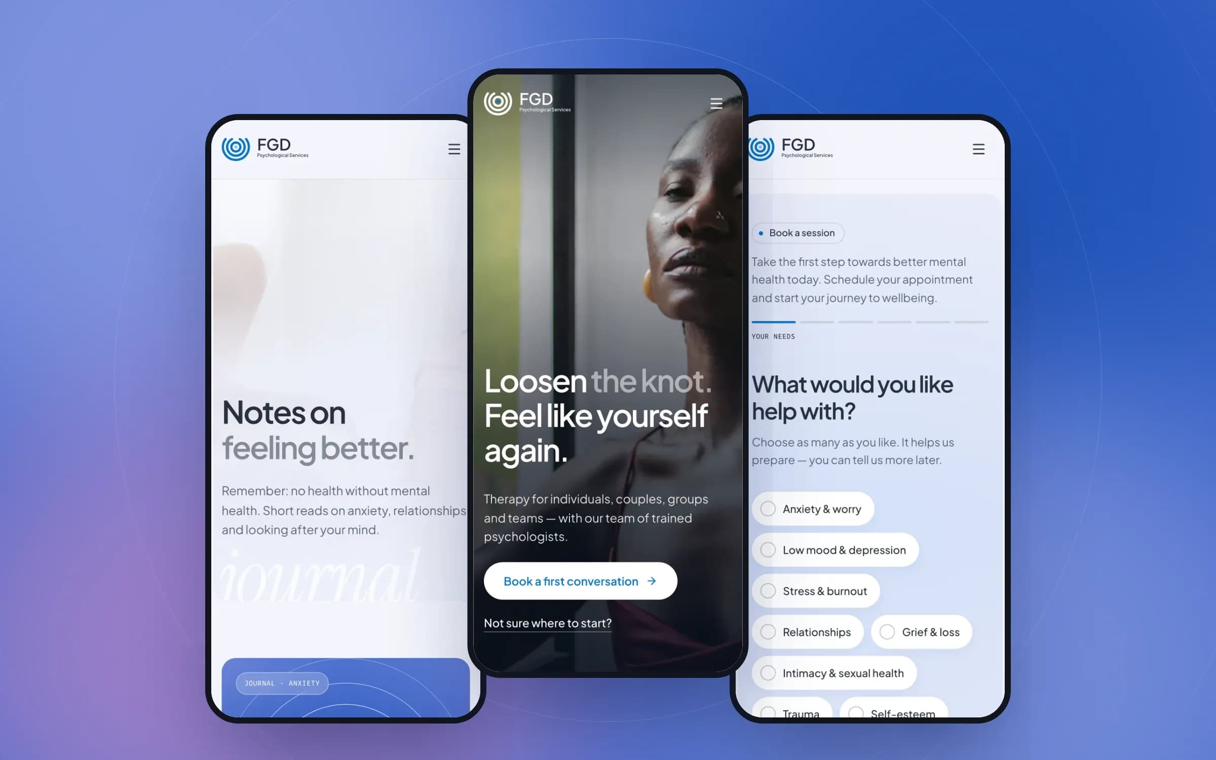 The FGD website on mobile: journal, homepage and booking