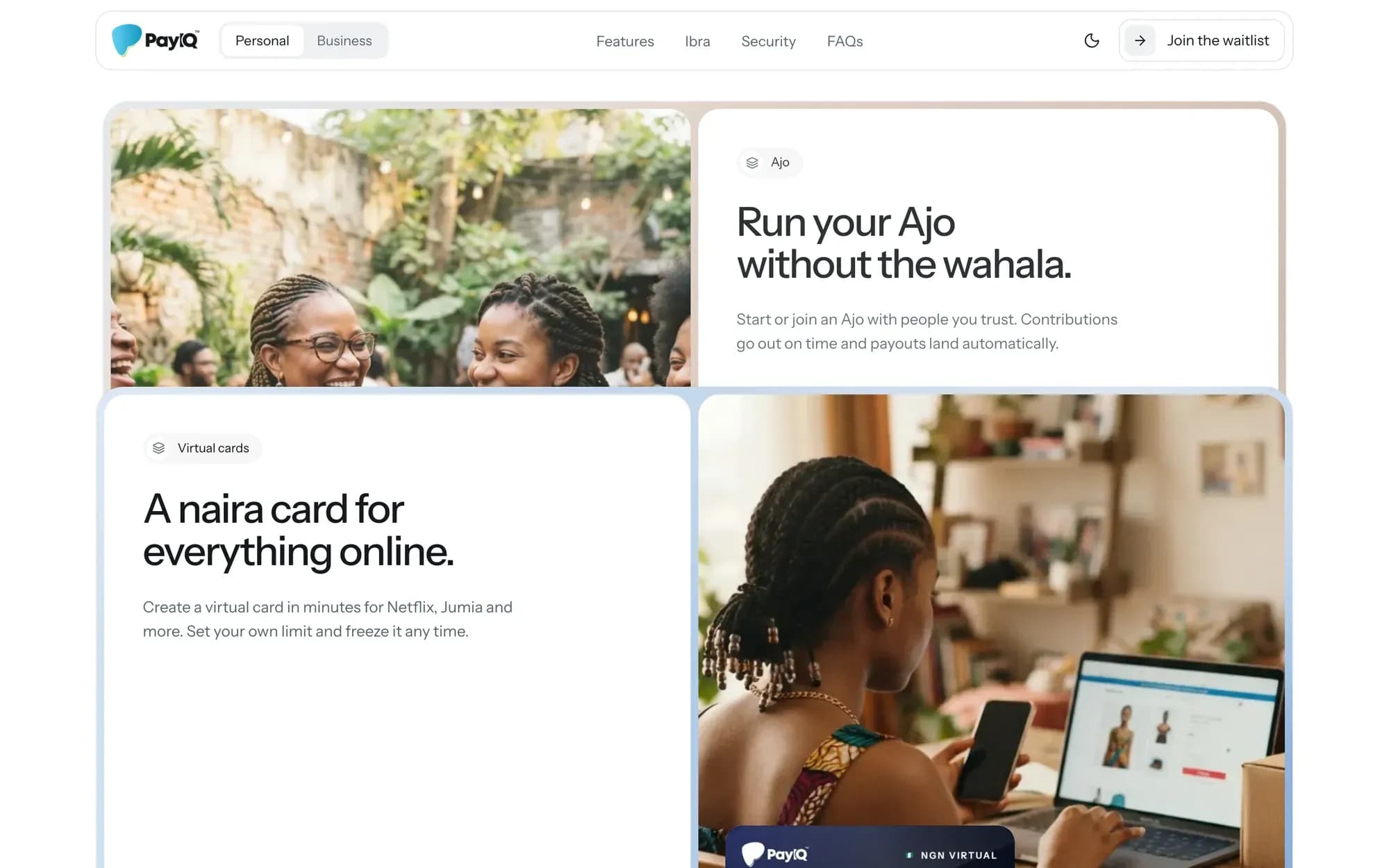 PayIQ website: Ajo and naira virtual cards