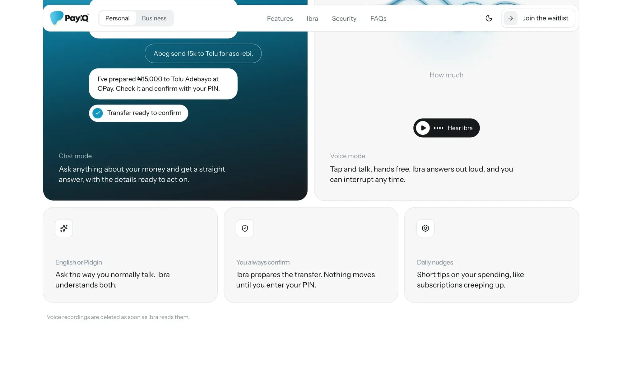 PayIQ website: Ibra in chat and voice mode