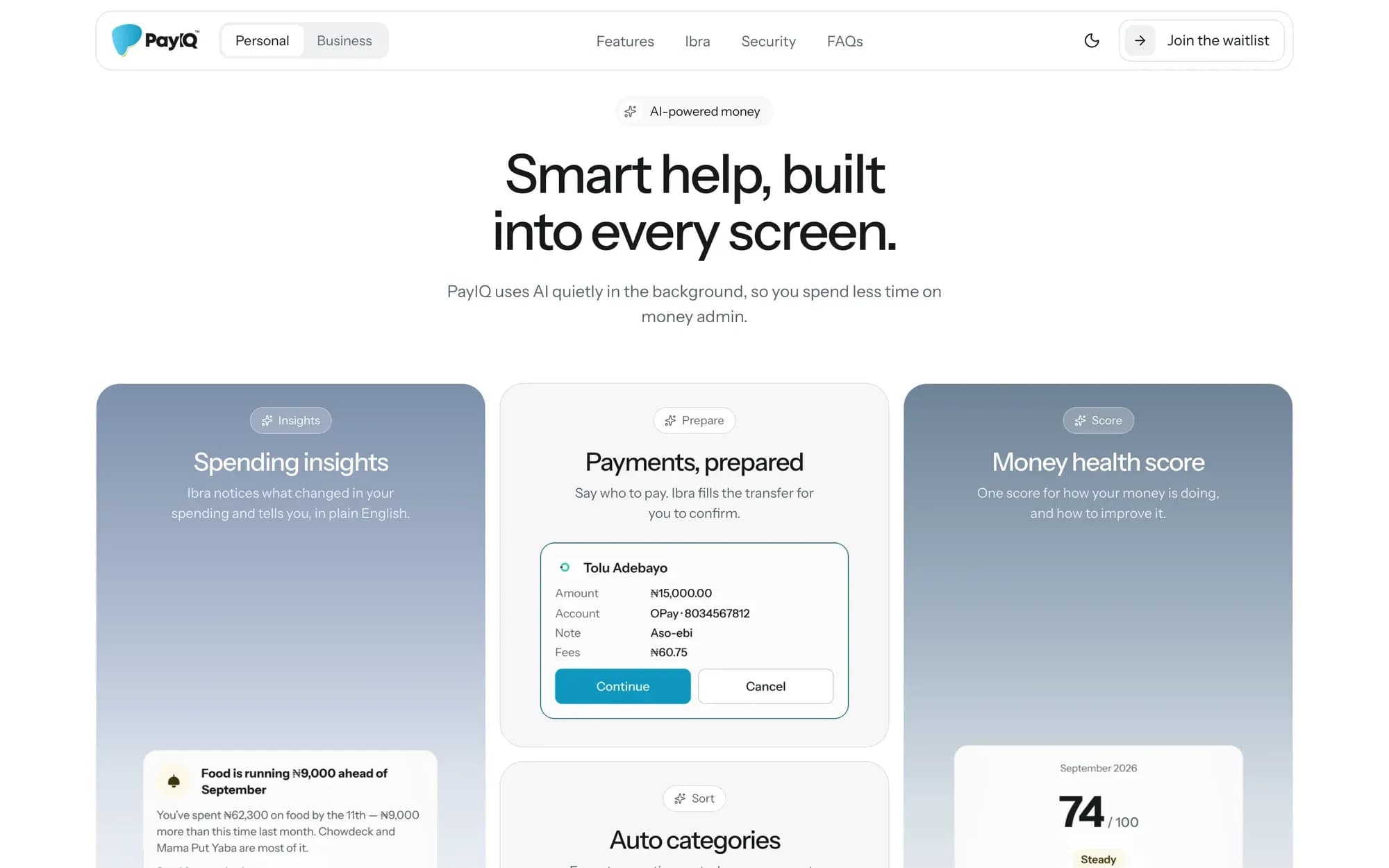 PayIQ website: smart help built into every screen